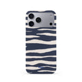 Veyxy Deep Sea Zebra iPhone Snap Case – navy blue and cream zebra stripe pattern, slim polycarbonate shell, Veyxy logo, rear view