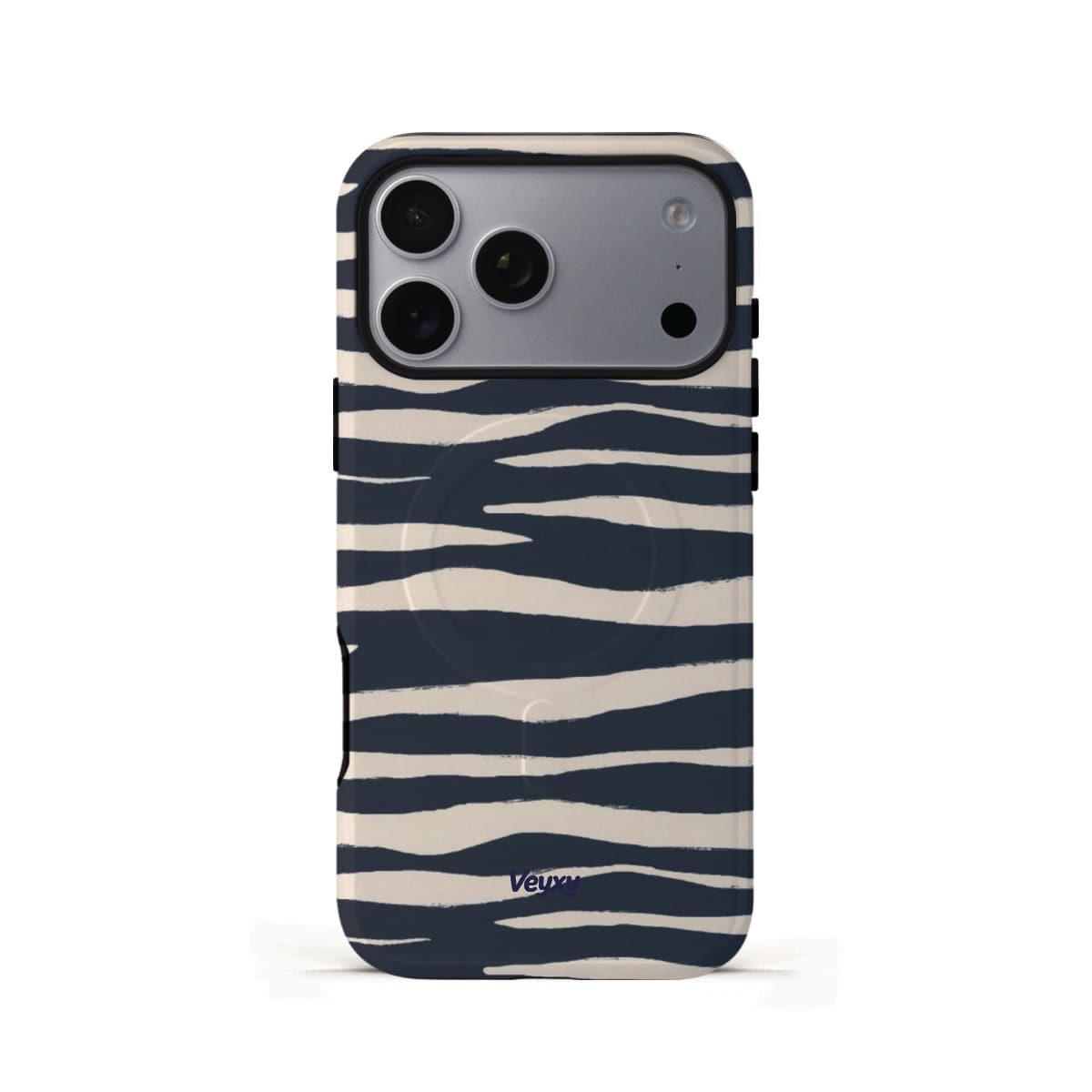Veyxy Deep Sea Zebra iPhone Tough MagSafe Case – navy blue and cream zebra stripe pattern, dual-layer protection with built-in MagSafe magnet ring, Veyxy logo, rear view
