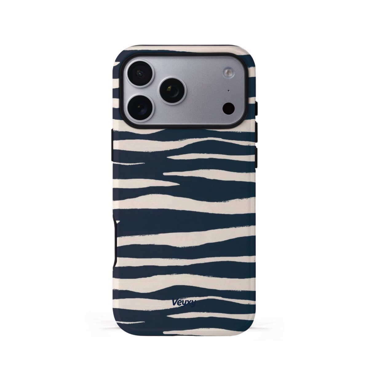 Veyxy Deep Sea Zebra iPhone Tough Case – navy blue and cream zebra stripe pattern, dual-layer protection with TPU bumper, Veyxy logo, rear view