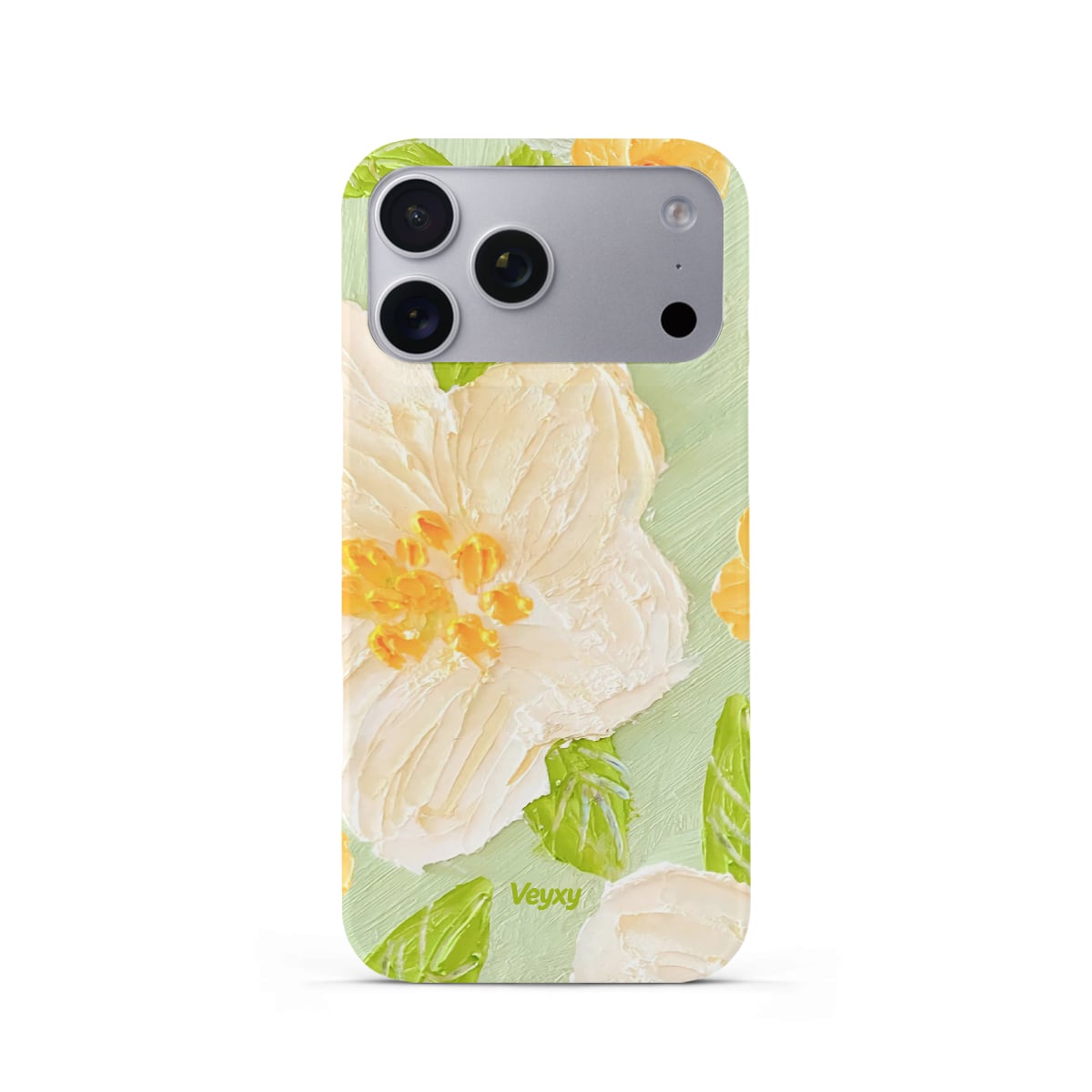 Veyxy Mint Iced Tea iPhone Snap Case – oil-painting style cream white hibiscus flowers with orange stamens and green leaves on mint green background, slim polycarbonate shell, Veyxy logo, rear view