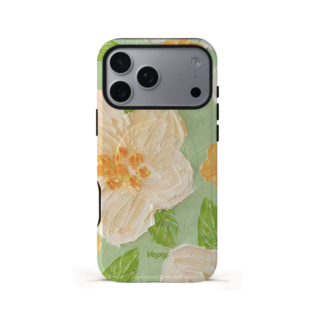 Veyxy Mint Iced Tea iPhone Tough MagSafe Case – oil-painting style cream white hibiscus flowers with orange stamens and green leaves on mint green background, dual-layer protection with built-in MagSafe magnet ring, Veyxy logo, rear view