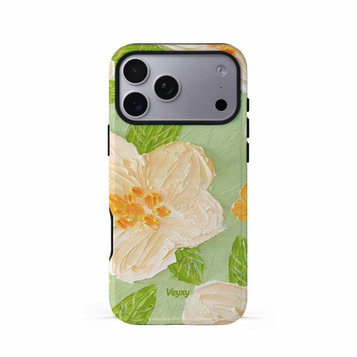 Veyxy Mint Iced Tea iPhone Tough Case – oil-painting style cream white hibiscus flowers with orange stamens and green leaves on mint green background, dual-layer protection with TPU bumper, Veyxy logo, rear view