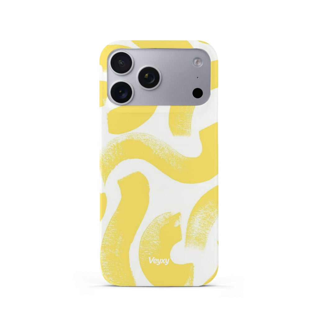 Veyxy Summer Breeze iPhone Snap Case – bold sunshine yellow brushstroke wave pattern on white background, slim polycarbonate shell, Veyxy logo, rear view