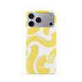 Veyxy Summer Breeze iPhone Snap Case – bold sunshine yellow brushstroke wave pattern on white background, slim polycarbonate shell, Veyxy logo, rear view