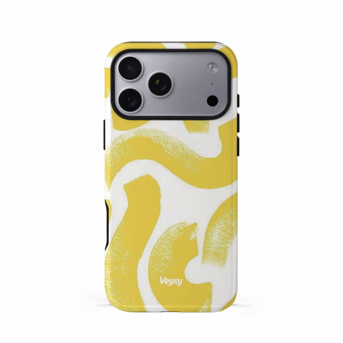 Veyxy Summer Breeze iPhone Tough Case – bold sunshine yellow brushstroke wave pattern on white background, dual-layer protection with TPU bumper, Veyxy logo, rear view