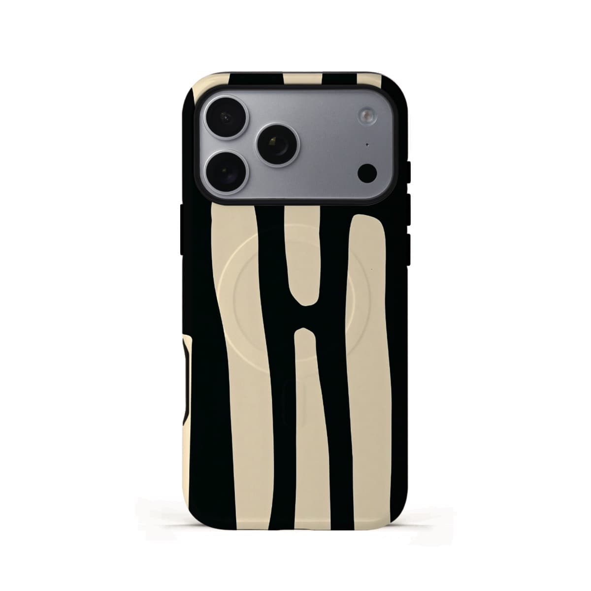 Veyxy Afternoon on the Crosswalk iPhone Tough MagSafe Case – black and cream abstract stripe design, dual-layer protection with built-in MagSafe magnet ring, rear view