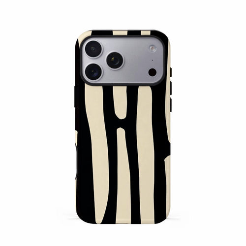 Veyxy Afternoon on the Crosswalk iPhone Tough Case – black and cream abstract stripe design, dual-layer protection with TPU bumper, rear view