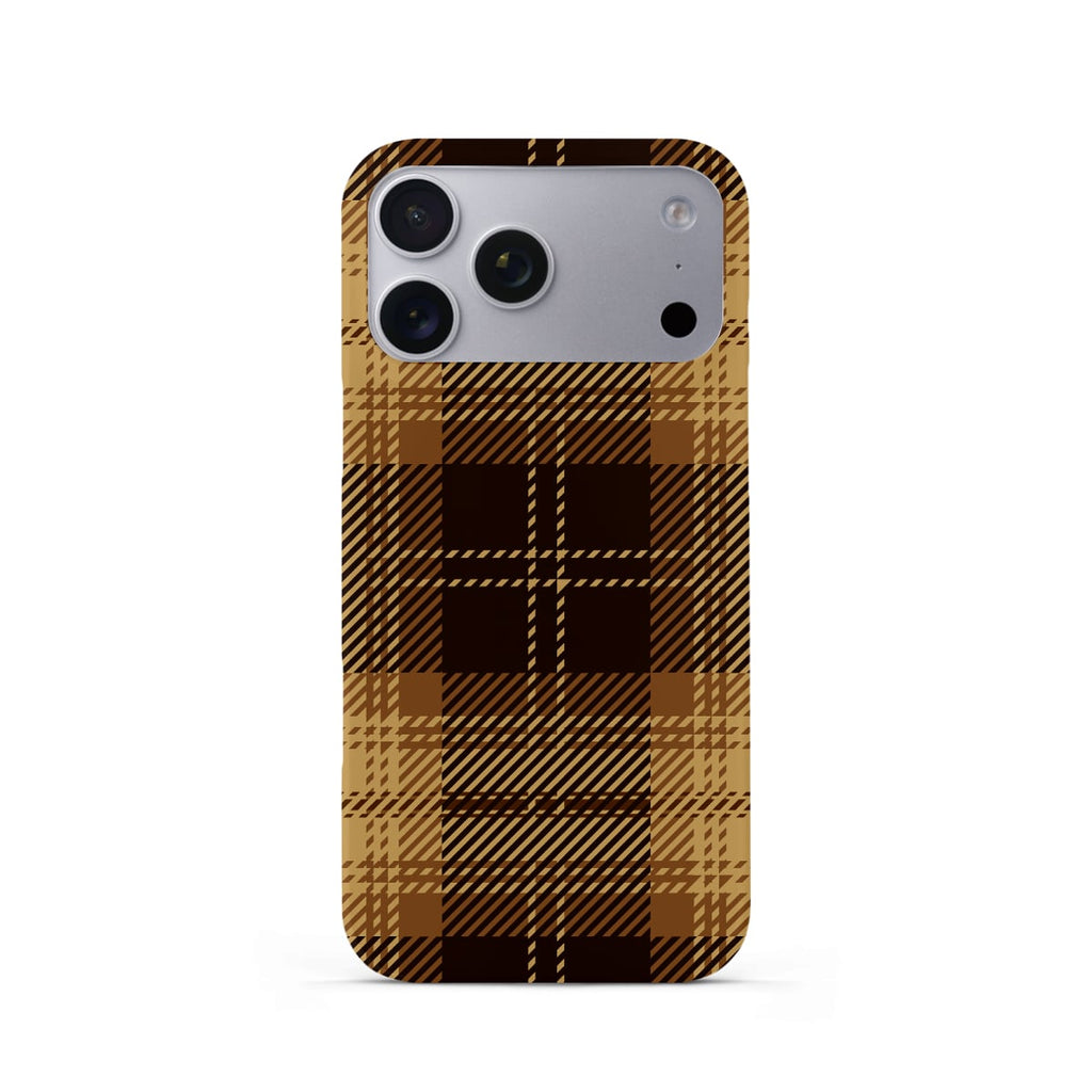 Veyxy British Dream iPhone Snap Case – classic caramel brown and black tartan plaid pattern with diagonal stripe weave, slim polycarbonate shell, Veyxy logo, rear view