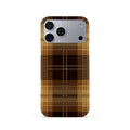 Veyxy British Dream iPhone Snap Case – classic caramel brown and black tartan plaid pattern with diagonal stripe weave, slim polycarbonate shell, Veyxy logo, rear view
