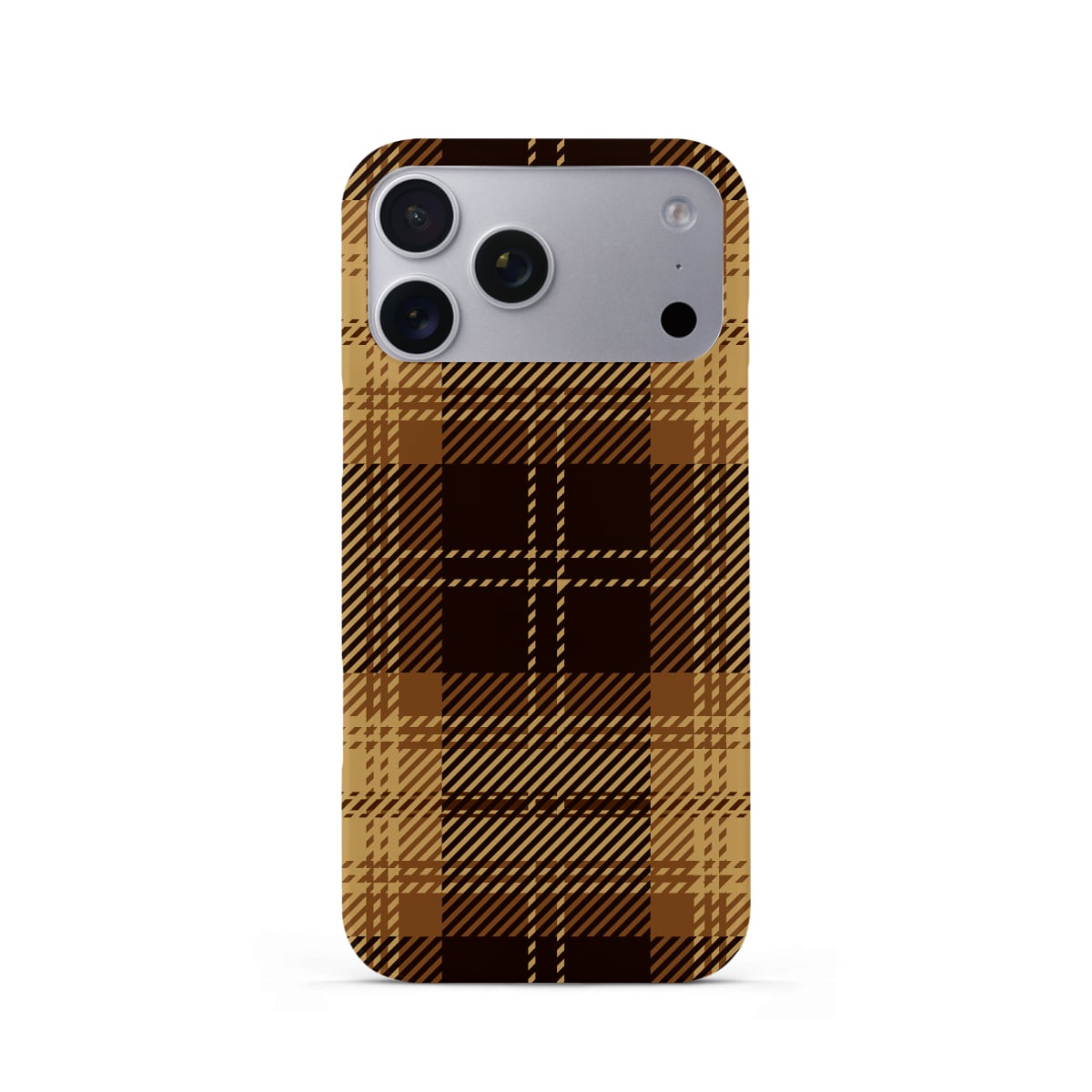 Veyxy British Dream iPhone Snap Case – classic caramel brown and black tartan plaid pattern with diagonal stripe weave, slim polycarbonate shell, Veyxy logo, rear view