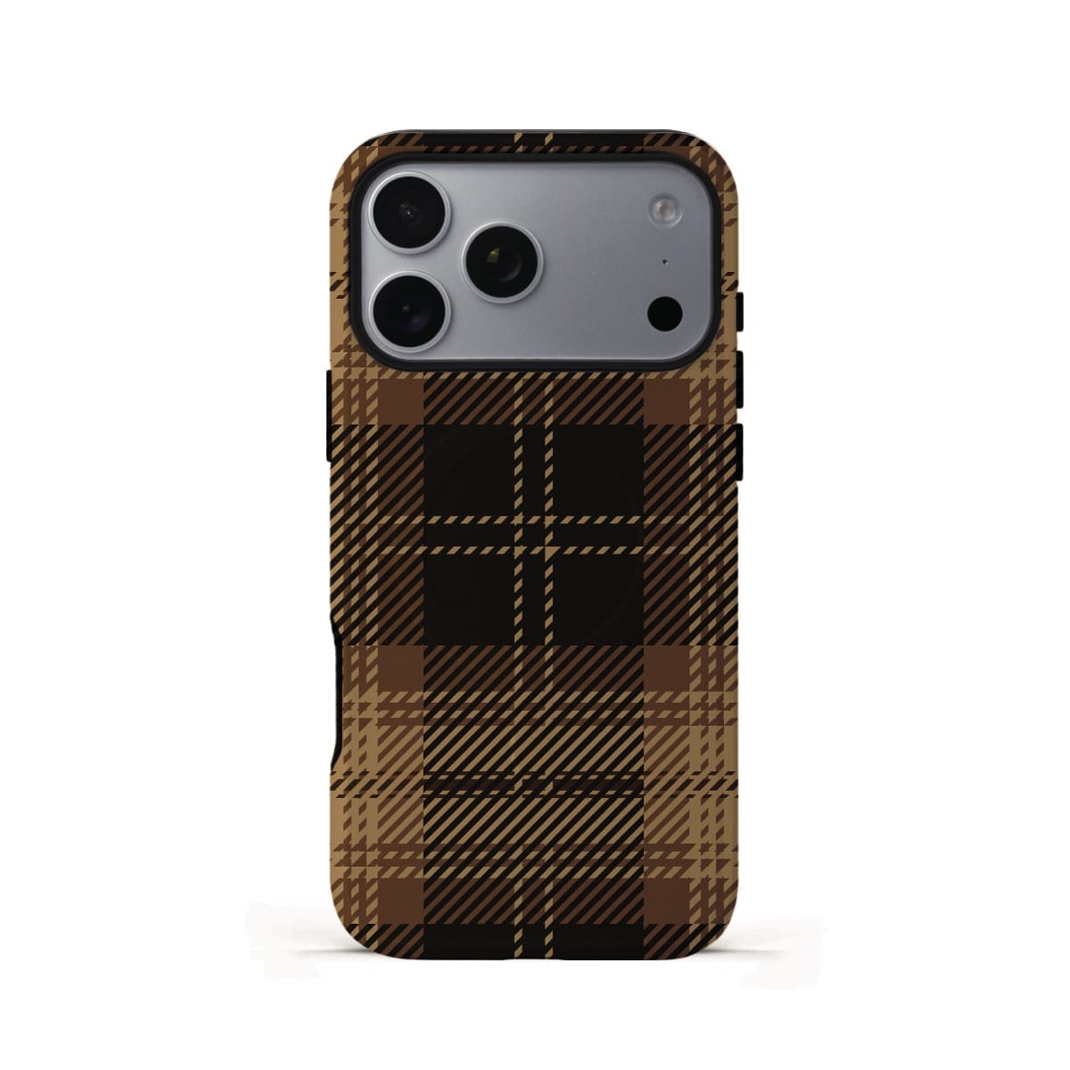 Veyxy British Dream iPhone Tough MagSafe Case – classic caramel brown and black tartan plaid pattern with diagonal stripe weave, dual-layer protection with built-in MagSafe magnet ring, Veyxy logo, rear view