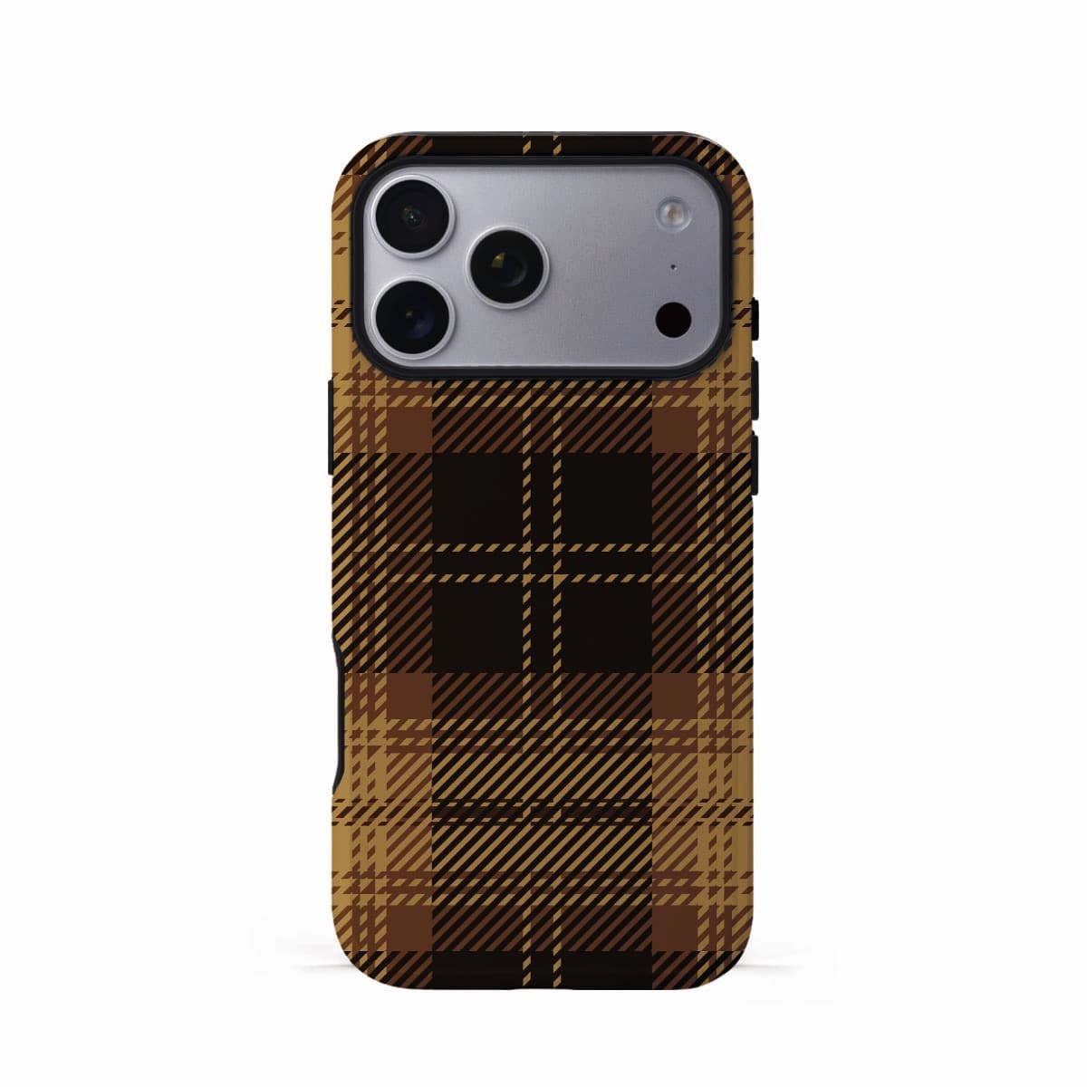 Veyxy British Dream iPhone Tough Case – classic caramel brown and black tartan plaid pattern with diagonal stripe weave, dual-layer protection with TPU bumper, Veyxy logo, rear view