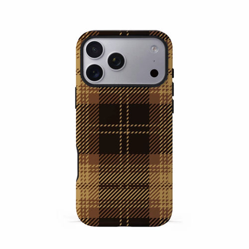 Veyxy British Dream iPhone Tough Case – classic caramel brown and black tartan plaid pattern with diagonal stripe weave, dual-layer protection with TPU bumper, Veyxy logo, rear view
