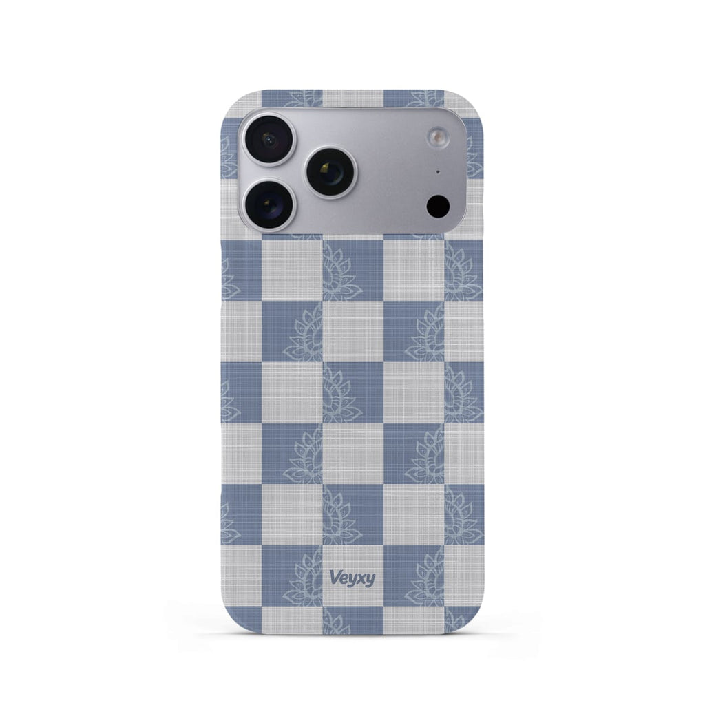 Veyxy Sea Salt Grid iPhone Snap Case – slate blue and off-white checkerboard pattern with subtle lotus floral texture on each square, linen-like finish, slim polycarbonate shell, Veyxy logo, rear view