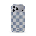 Veyxy Sea Salt Grid iPhone Snap Case – slate blue and off-white checkerboard pattern with subtle lotus floral texture on each square, linen-like finish, slim polycarbonate shell, Veyxy logo, rear view