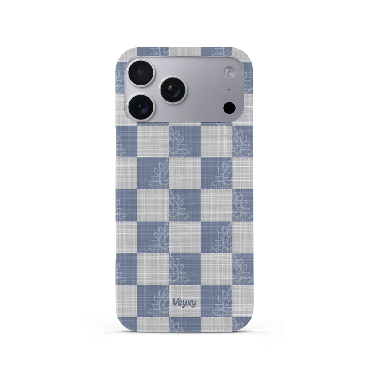 Veyxy Sea Salt Grid iPhone Snap Case – slate blue and off-white checkerboard pattern with subtle lotus floral texture on each square, linen-like finish, slim polycarbonate shell, Veyxy logo, rear view