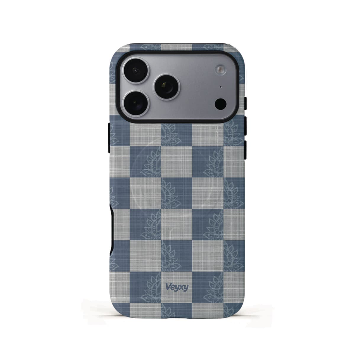 Veyxy Sea Salt Grid iPhone Tough MagSafe Case – slate blue and off-white checkerboard pattern with subtle lotus floral texture on each square, linen-like finish, dual-layer protection with built-in MagSafe magnet ring, Veyxy logo, rear view