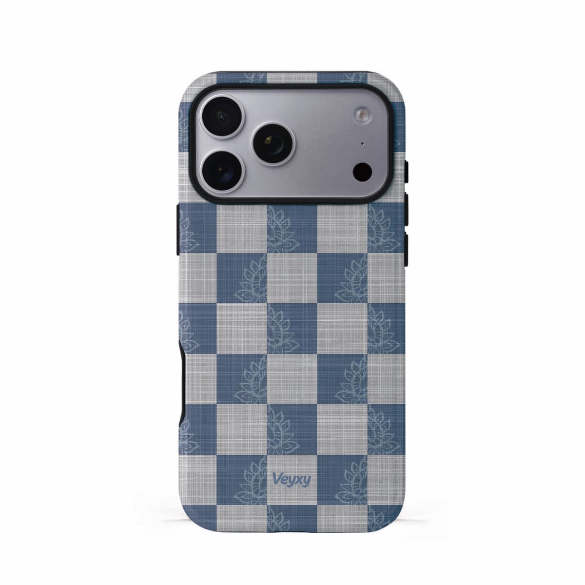 Veyxy Sea Salt Grid iPhone Tough Case – slate blue and off-white checkerboard pattern with subtle lotus floral texture on each square, linen-like finish, dual-layer protection with TPU bumper, Veyxy logo, rear view