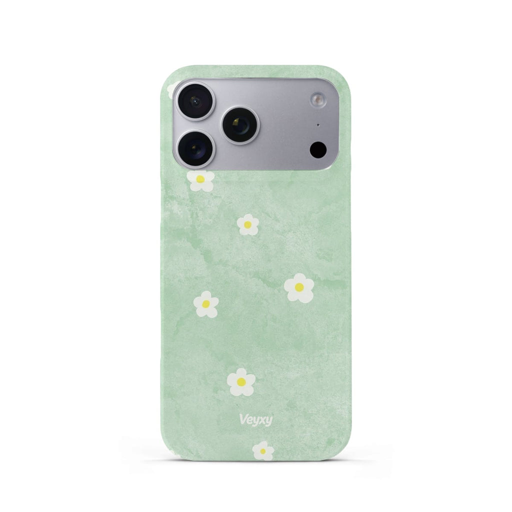 Veyxy Forest Tune iPhone Snap Case – mint green watercolour wash background with scattered white daisy florals and yellow centres, slim polycarbonate shell, Veyxy logo, rear view