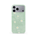 Veyxy Forest Tune iPhone Snap Case – mint green watercolour wash background with scattered white daisy florals and yellow centres, slim polycarbonate shell, Veyxy logo, rear view