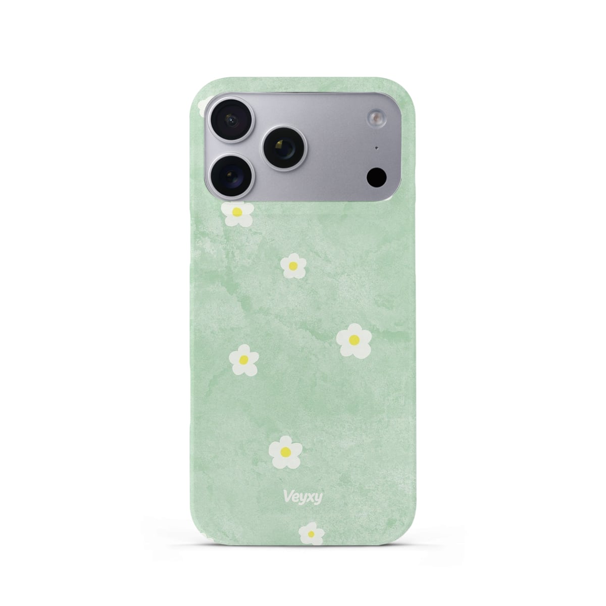 Veyxy Forest Tune iPhone Snap Case – mint green watercolour wash background with scattered white daisy florals and yellow centres, slim polycarbonate shell, Veyxy logo, rear view