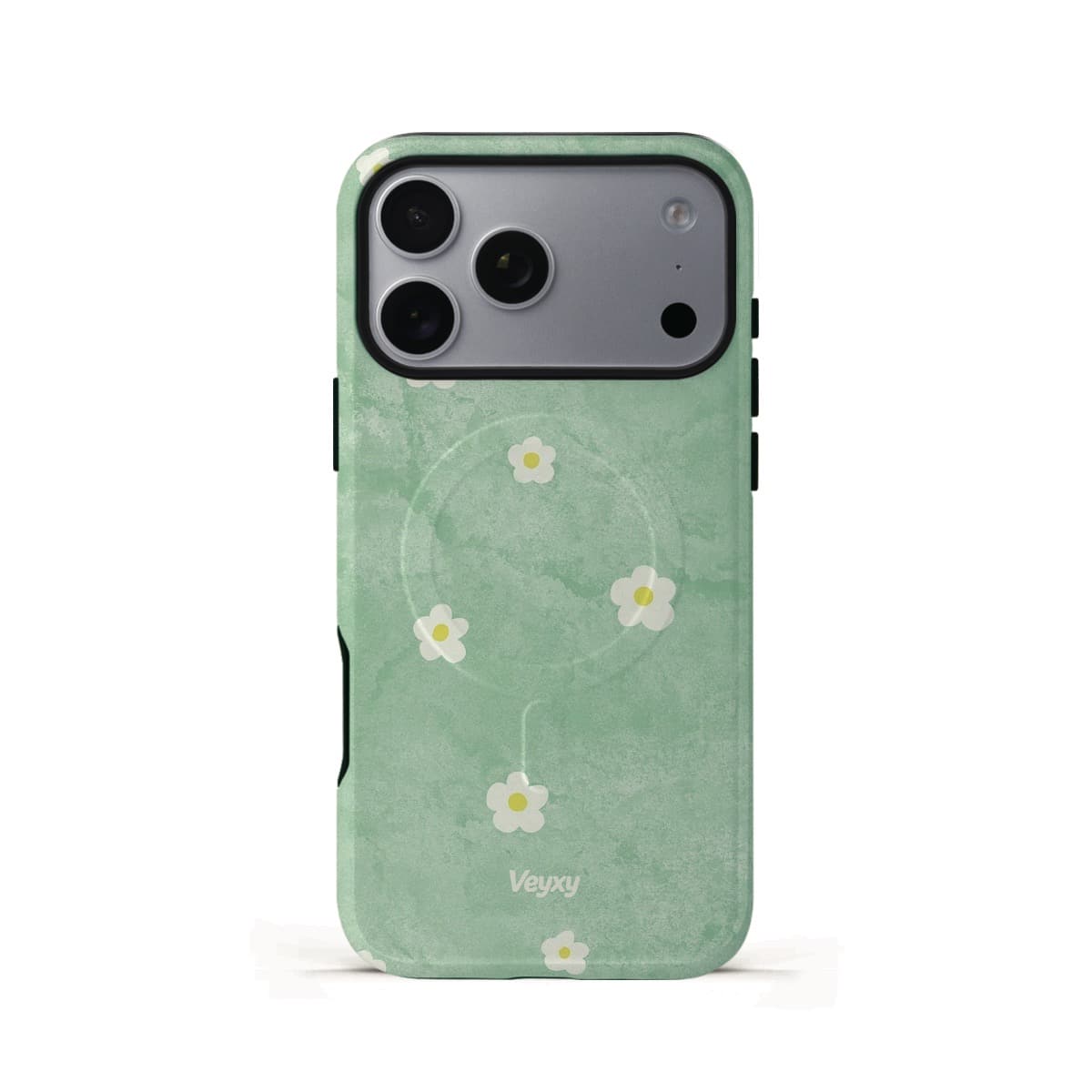 Veyxy Forest Tune iPhone Tough MagSafe Case – mint green watercolour wash background with scattered white daisy florals and yellow centres, dual-layer protection with built-in MagSafe magnet ring, Veyxy logo, rear view
