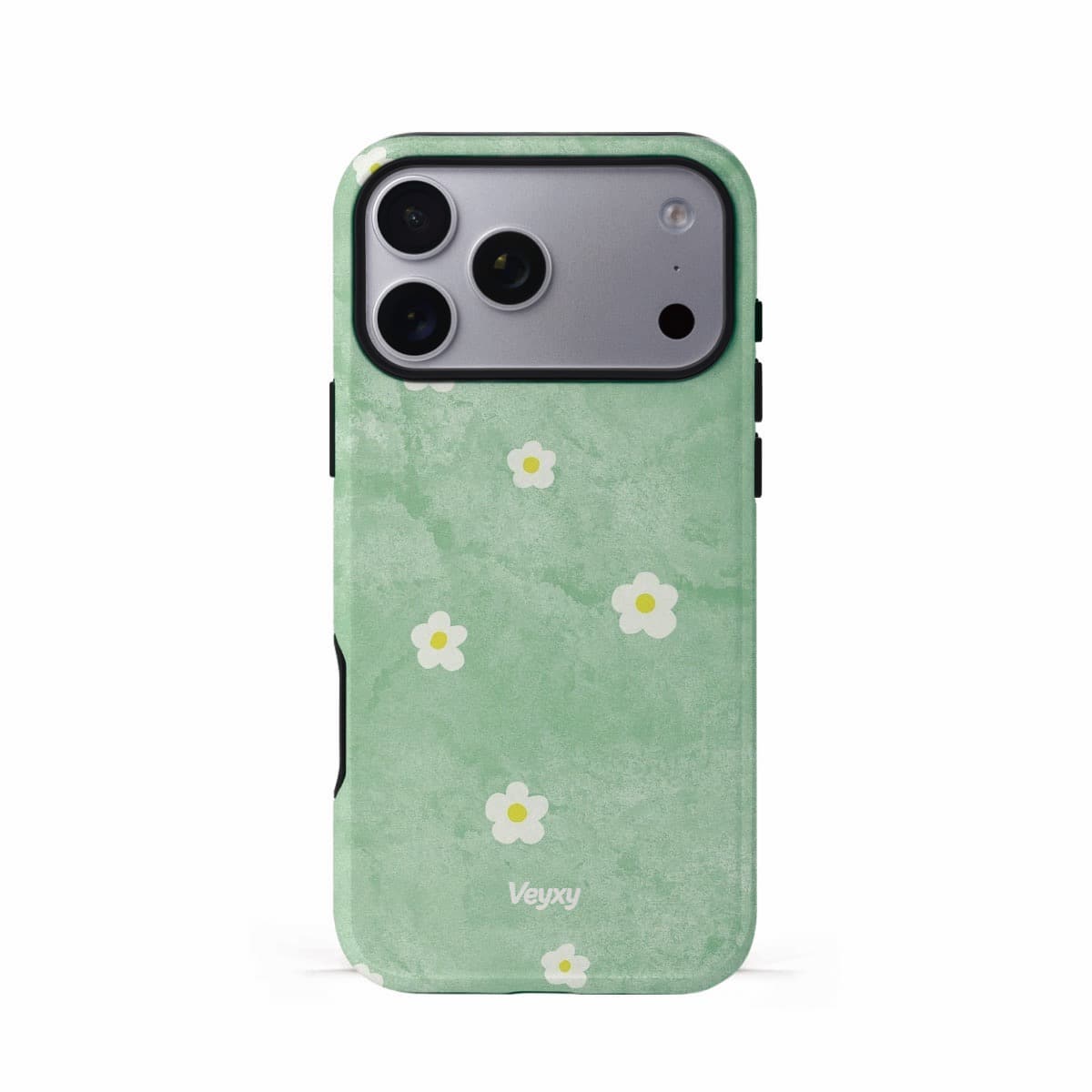 Veyxy Forest Tune iPhone Tough Case – mint green watercolour wash background with scattered white daisy florals and yellow centres, dual-layer protection with TPU bumper, Veyxy logo, rear view