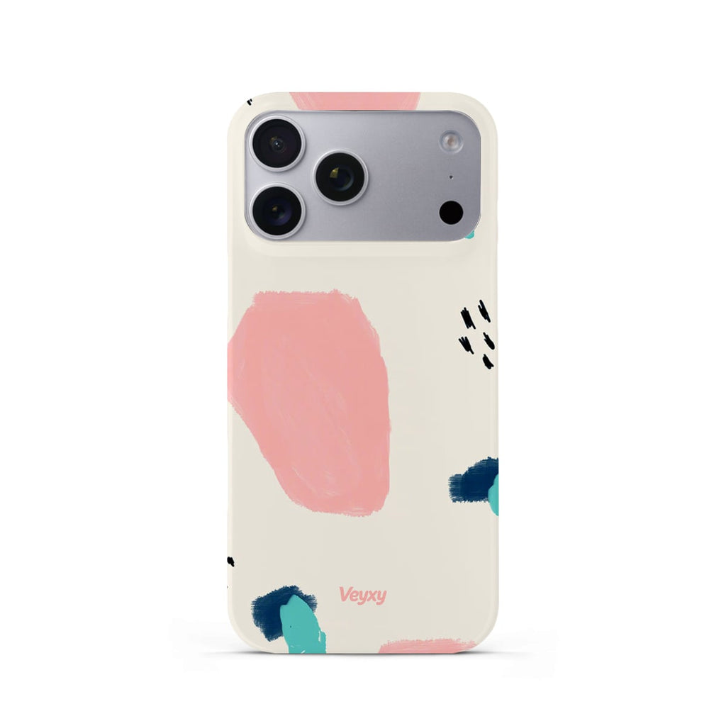 Veyxy Dopamine Fragments iPhone Snap Case – cream white base with scattered coral pink abstract shapes, navy and mint green brushstrokes, and black doodle marks, slim polycarbonate shell, Veyxy logo, rear view