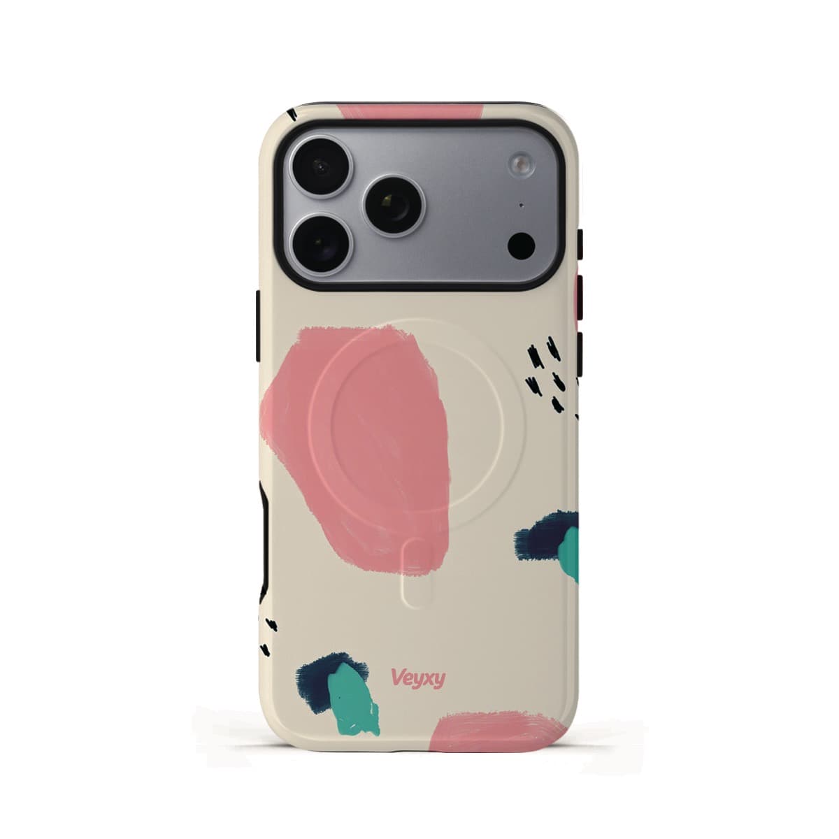Veyxy Dopamine Fragments iPhone Tough MagSafe Case – cream white base with scattered coral pink abstract shapes, navy and mint green brushstrokes, and black doodle marks, dual-layer protection with built-in MagSafe magnet ring, Veyxy logo, rear view