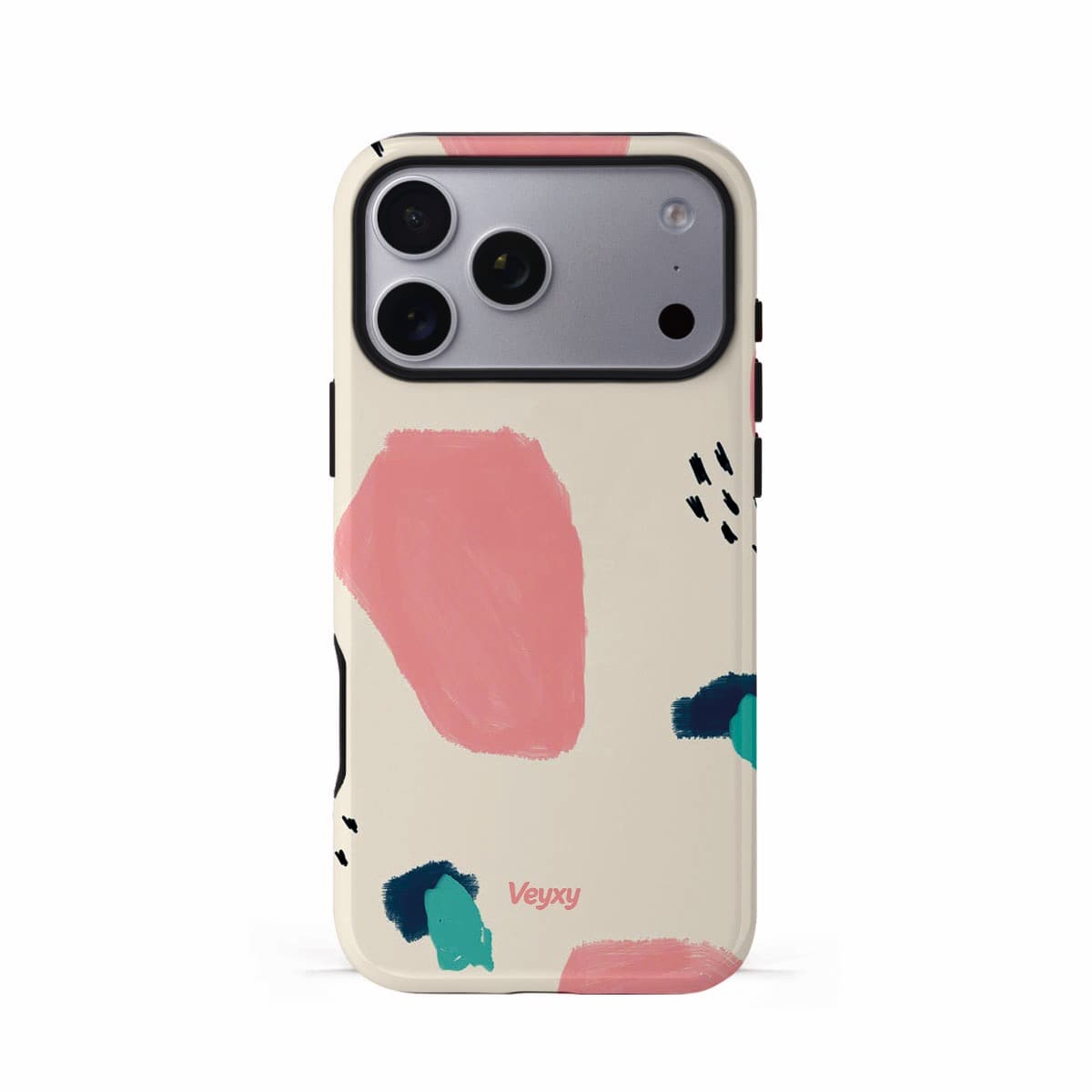 Veyxy Dopamine Fragments iPhone Tough Case – cream white base with scattered coral pink abstract shapes, navy and mint green brushstrokes, and black doodle marks, dual-layer protection with TPU bumper, Veyxy logo, rear view
