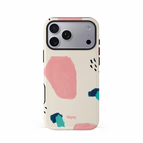 Veyxy Dopamine Fragments iPhone Tough Case – cream white base with scattered coral pink abstract shapes, navy and mint green brushstrokes, and black doodle marks, dual-layer protection with TPU bumper, Veyxy logo, rear view