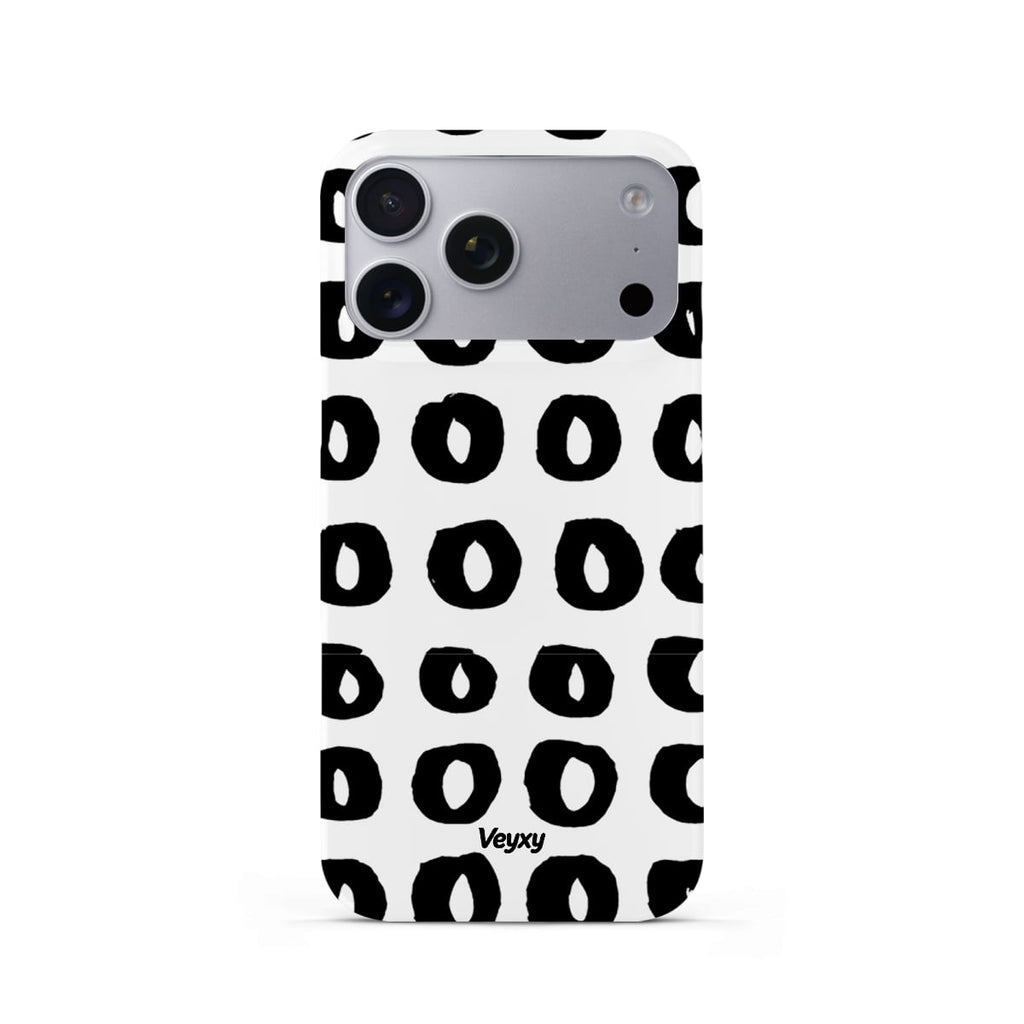 Veyxy Doodle Circles iPhone Snap Case – white base with all-over repeating hand-drawn black circle doodle pattern, slim polycarbonate shell, Veyxy logo, rear view