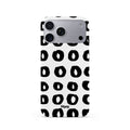 Veyxy Doodle Circles iPhone Snap Case – white base with all-over repeating hand-drawn black circle doodle pattern, slim polycarbonate shell, Veyxy logo, rear view