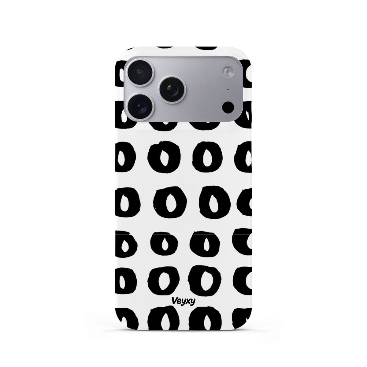 Veyxy Doodle Circles iPhone Snap Case – white base with all-over repeating hand-drawn black circle doodle pattern, slim polycarbonate shell, Veyxy logo, rear view