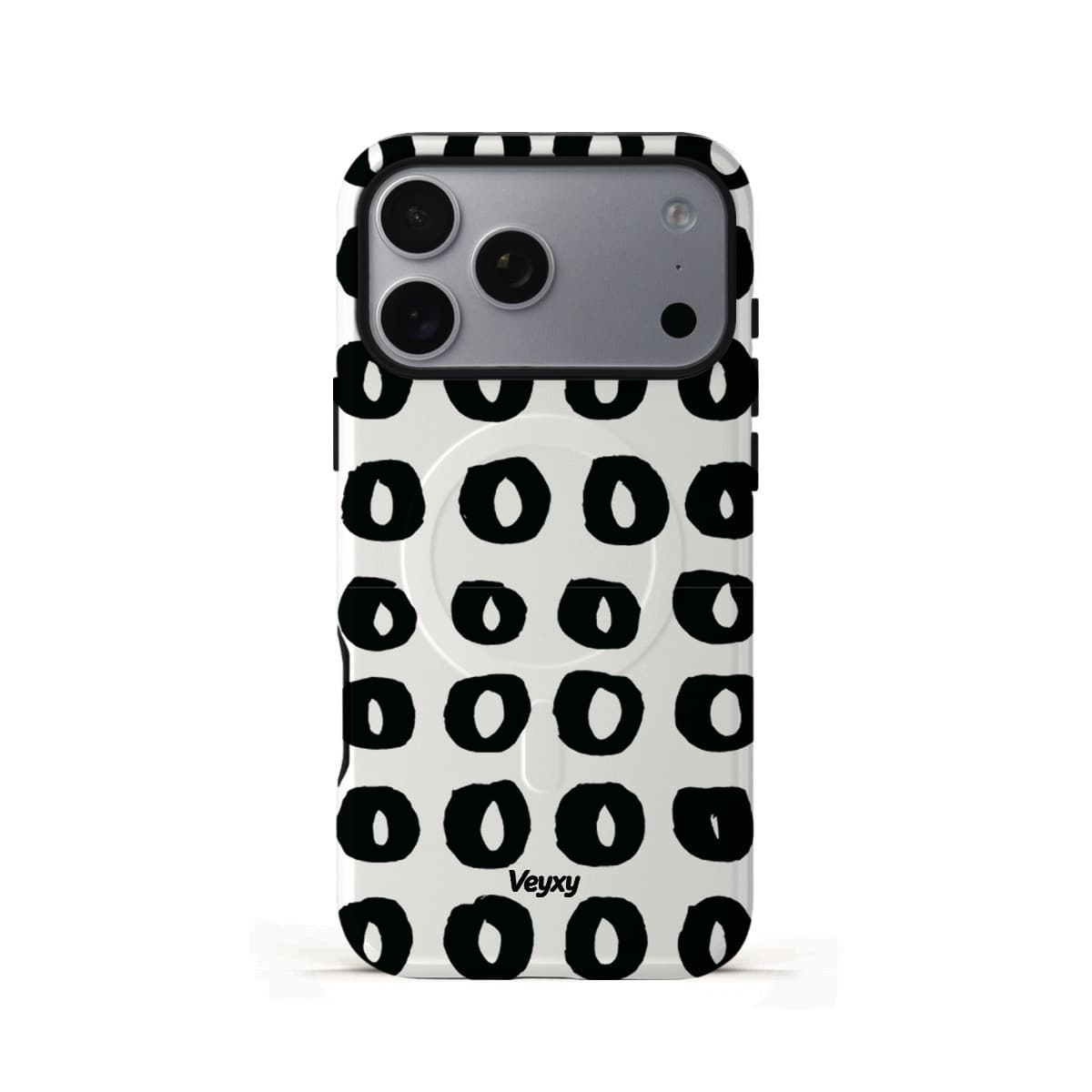 Veyxy Doodle Circles iPhone Tough MagSafe Case – white base with all-over repeating hand-drawn black circle doodle pattern, dual-layer protection with built-in MagSafe magnet ring, Veyxy logo, rear view