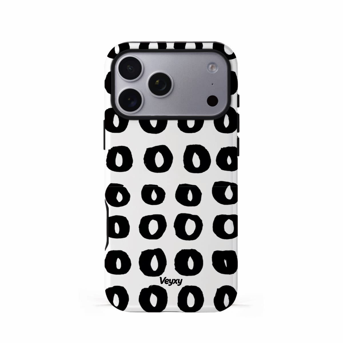 Veyxy Doodle Circles iPhone Tough Case – white base with all-over repeating hand-drawn black circle doodle pattern, dual-layer protection with TPU bumper, Veyxy logo, rear view