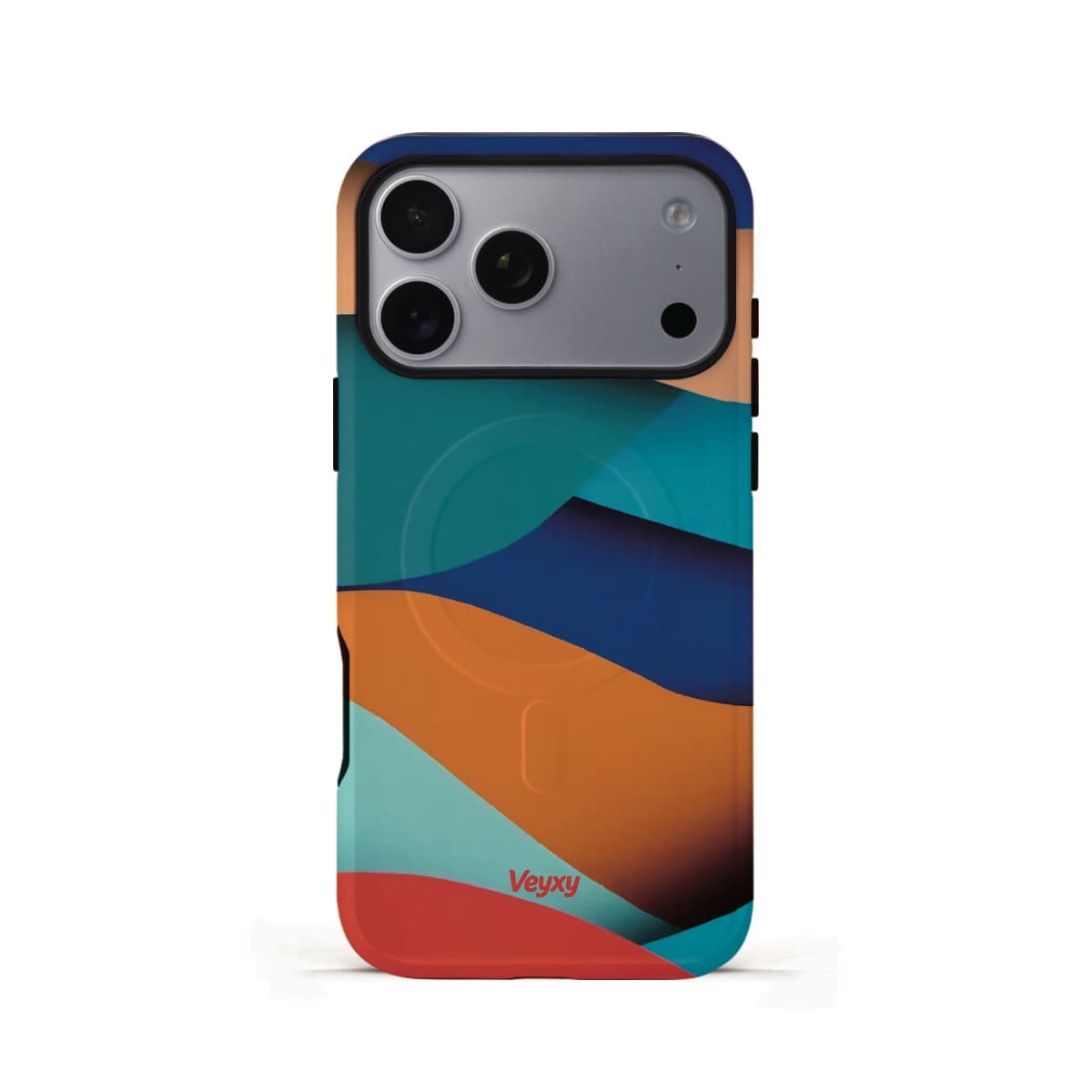 Veyxy Sunset Coast iPhone Tough MagSafe Case – bold abstract wave design in blue, teal, orange and red, dual-layer protection with built-in MagSafe magnet ring, Veyxy logo, rear view