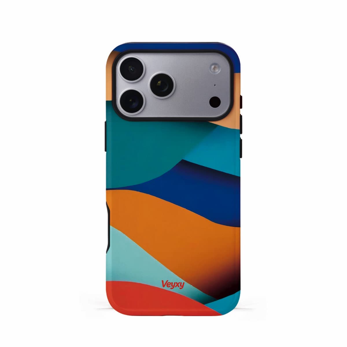 Veyxy Sunset Coast iPhone Tough Case – bold abstract wave design in blue, teal, orange and red, dual-layer protection with TPU bumper, Veyxy logo, rear view