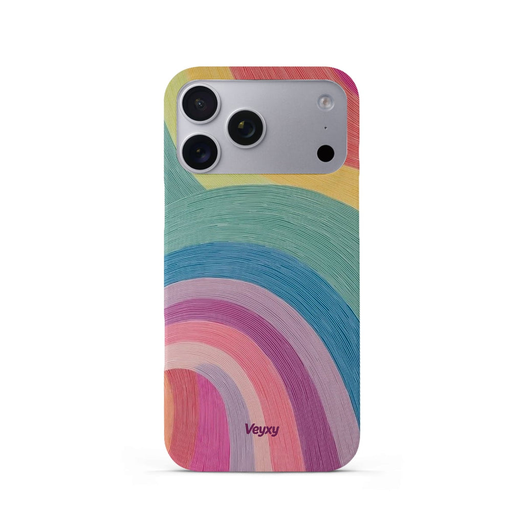 Veyxy Rainbow Dream iPhone Snap Case – vibrant rainbow arc design with textured brushstroke finish in yellow, green, teal, blue, purple, pink and red, slim polycarbonate shell, Veyxy logo, rear view