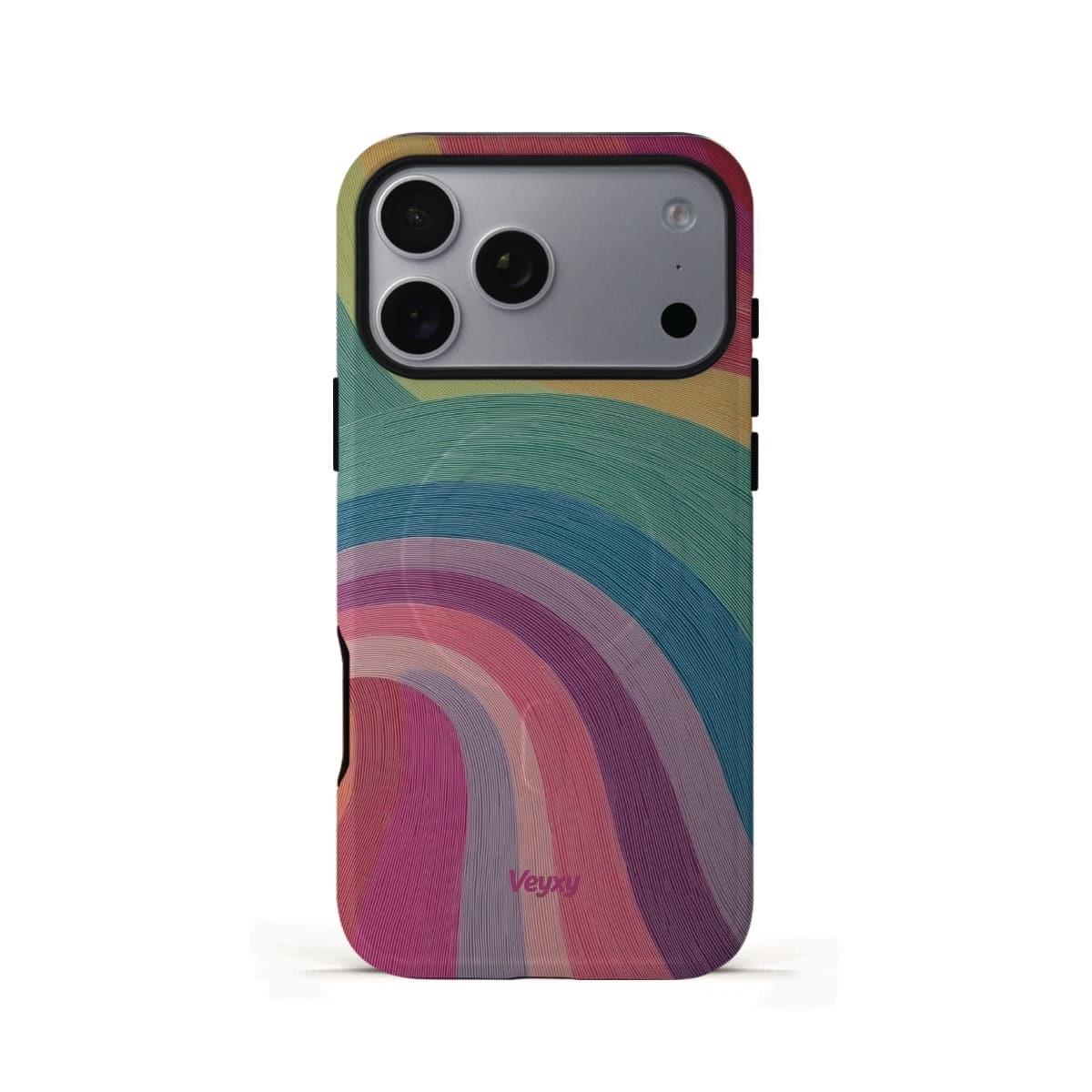 Veyxy Rainbow Dream iPhone Tough MagSafe Case – vibrant rainbow arc design with textured brushstroke finish in yellow, green, teal, blue, purple, pink and red, dual-layer protection with built-in MagSafe magnet ring, Veyxy logo, rear view