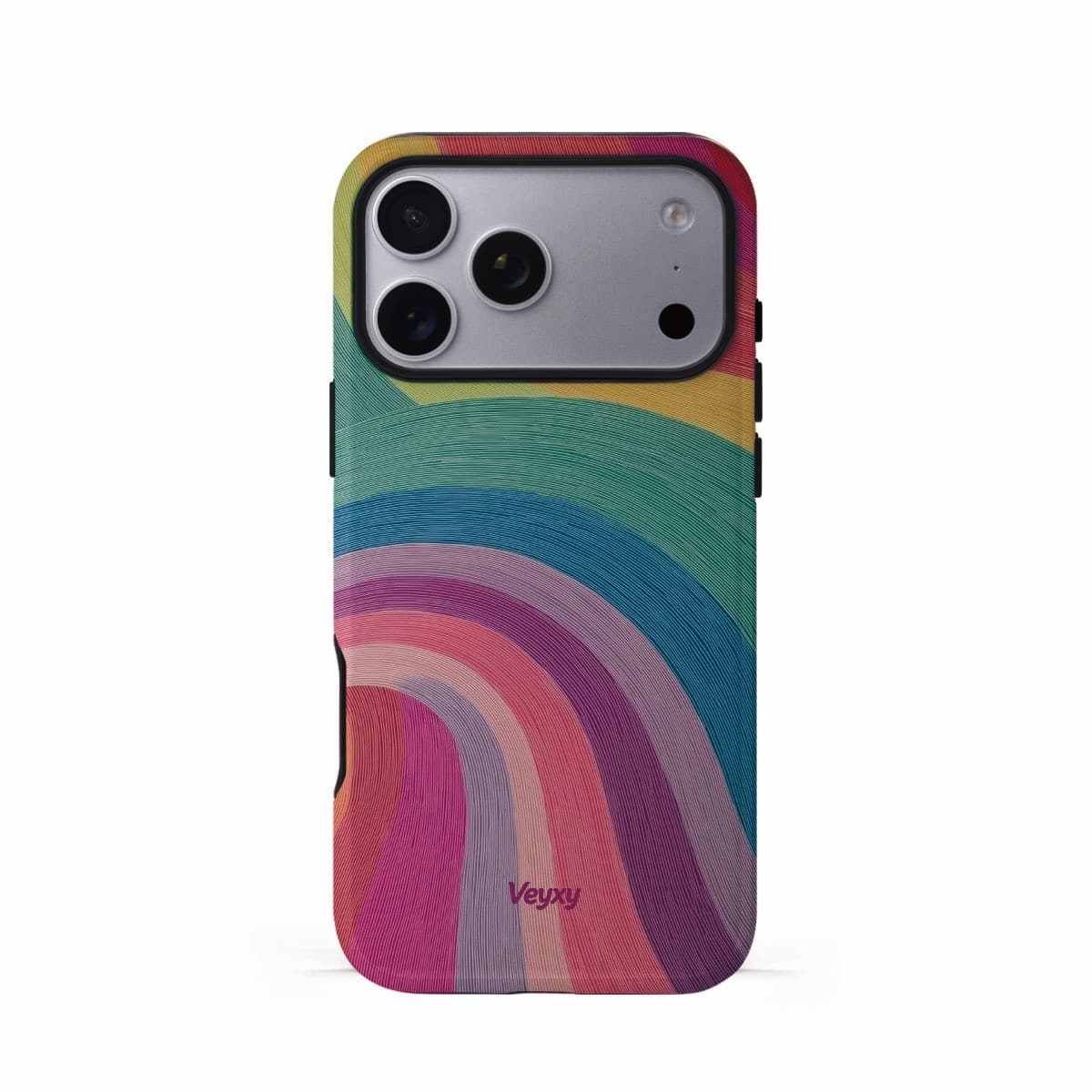 Veyxy Rainbow Dream iPhone Tough Case – vibrant rainbow arc design with textured brushstroke finish in yellow, green, teal, blue, purple, pink and red, dual-layer protection with TPU bumper, Veyxy logo, rear view