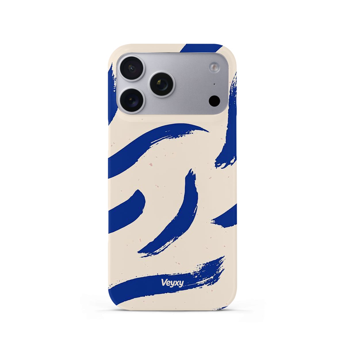 Veyxy Ink Blue iPhone Snap Case – bold cobalt blue brushstroke design on cream background, slim polycarbonate shell, Veyxy logo, rear view