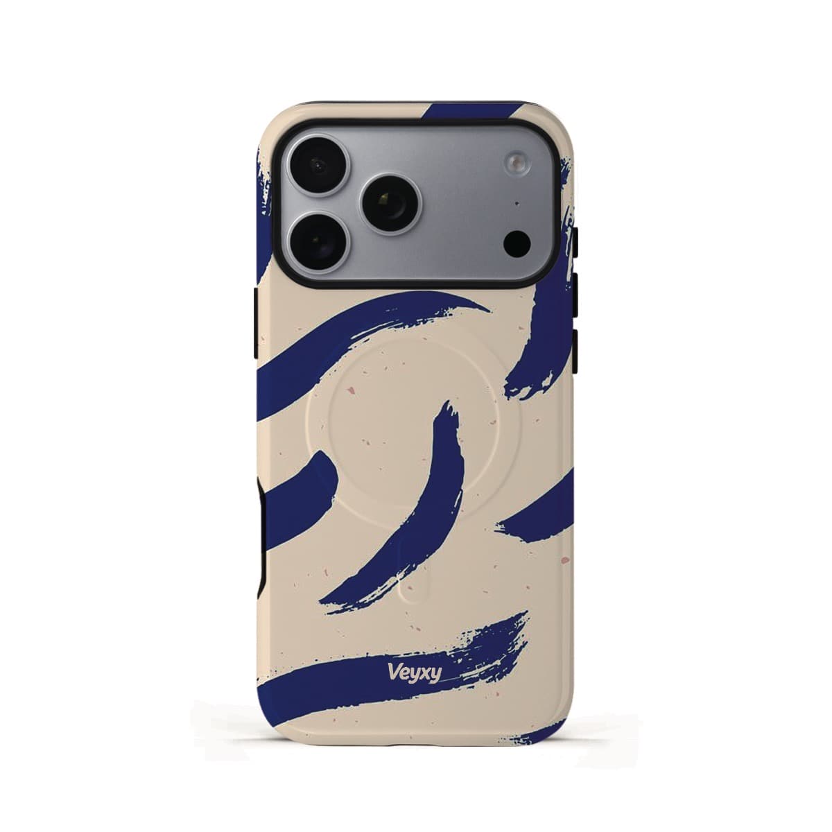 Veyxy Ink Blue iPhone Tough MagSafe Case – bold cobalt blue brushstroke design on cream background, dual-layer protection with built-in MagSafe magnet ring, Veyxy logo, rear view