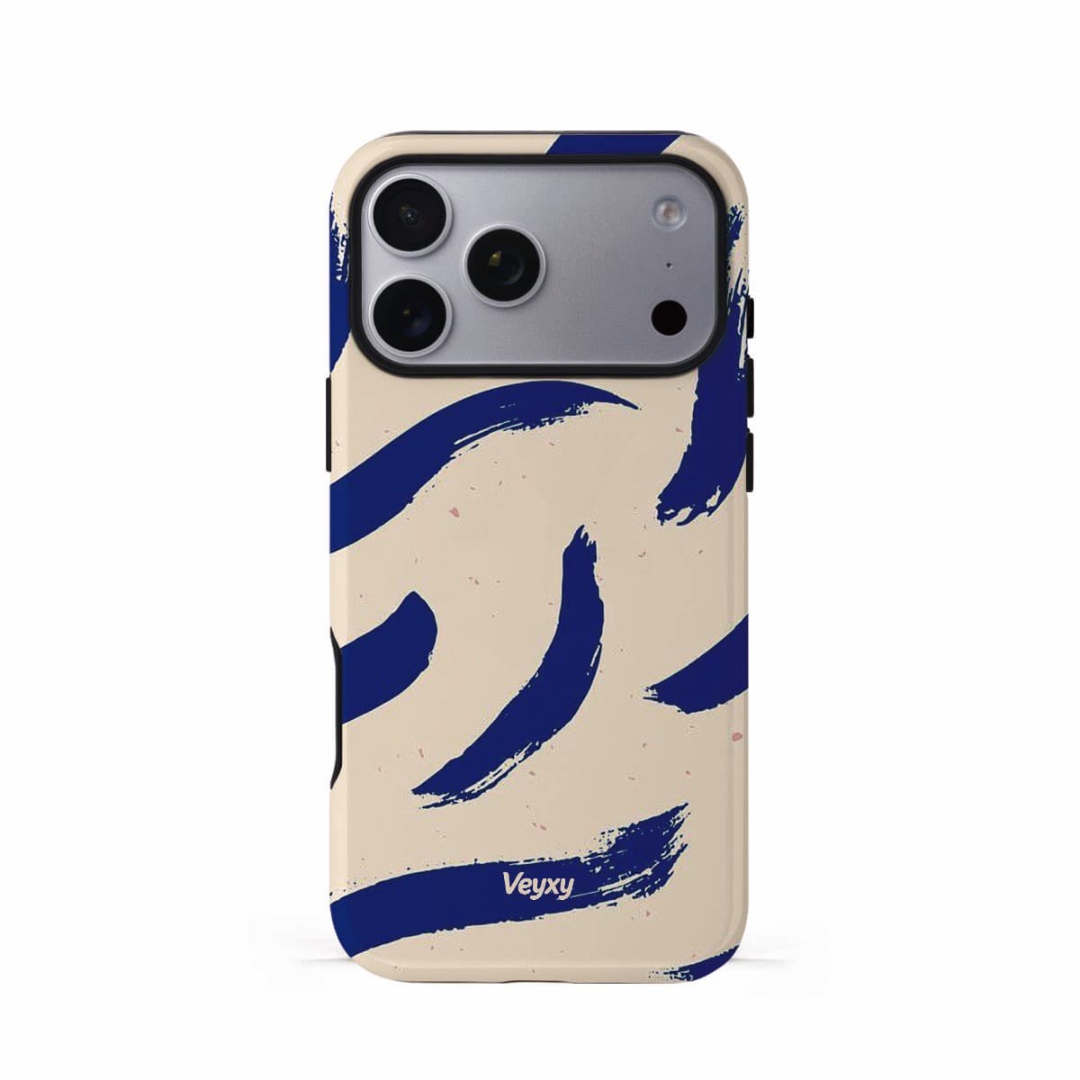 Veyxy Ink Blue iPhone Tough Case – bold cobalt blue brushstroke design on cream background, dual-layer protection with TPU bumper, Veyxy logo, rear view