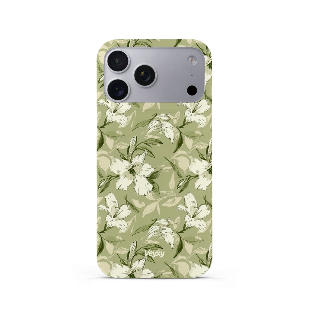 Veyxy Green Whisper iPhone Snap Case – hand-drawn white lily floral pattern on olive green background, slim polycarbonate shell, Veyxy logo, rear view