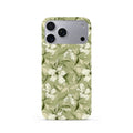 Veyxy Green Whisper iPhone Snap Case – hand-drawn white lily floral pattern on olive green background, slim polycarbonate shell, Veyxy logo, rear view