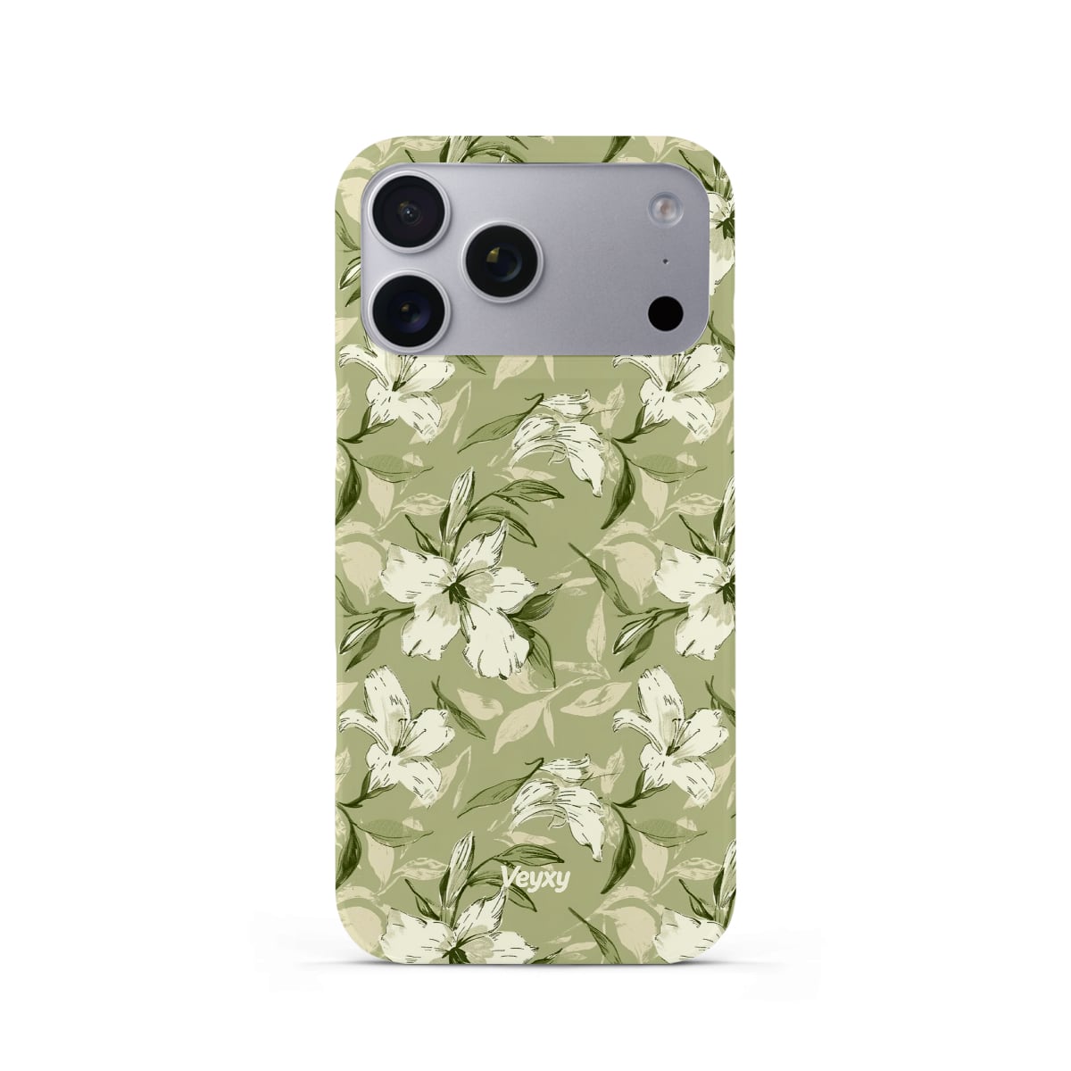 Veyxy Green Whisper iPhone Snap Case – hand-drawn white lily floral pattern on olive green background, slim polycarbonate shell, Veyxy logo, rear view