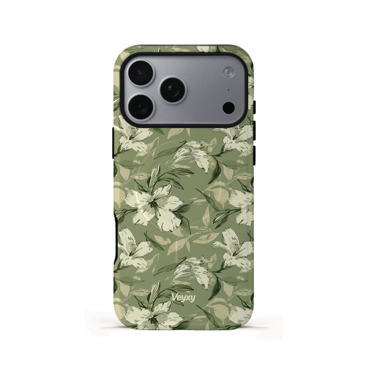 Veyxy Green Whisper iPhone Tough MagSafe Case – hand-drawn white lily floral pattern on olive green background, dual-layer protection with built-in MagSafe magnet ring, Veyxy logo, rear view