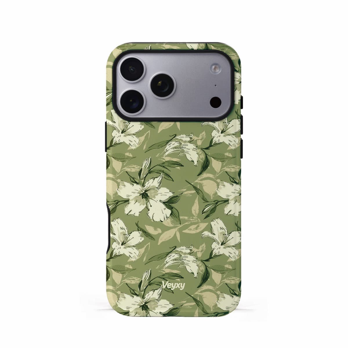 Veyxy Green Whisper iPhone Tough Case – hand-drawn white lily floral pattern on olive green background, dual-layer protection with TPU bumper, Veyxy logo, rear view