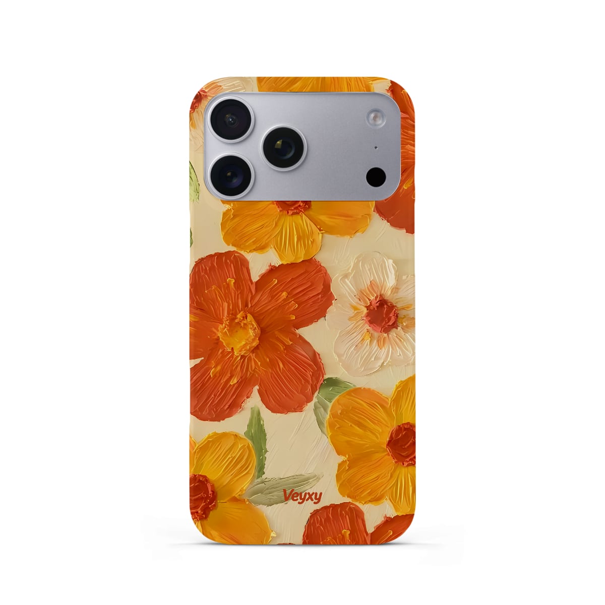 Veyxy Warm Sun Bloom iPhone Snap Case – oil-painting style orange, red and cream floral pattern on beige background, slim polycarbonate shell, Veyxy logo, rear view